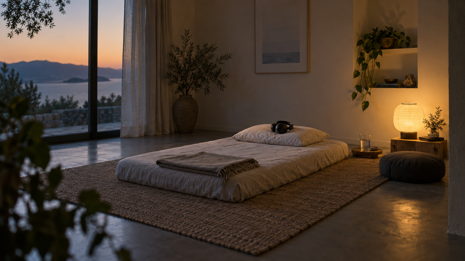 A quiet room prepared for a breathwork session, with headphones on the pillow